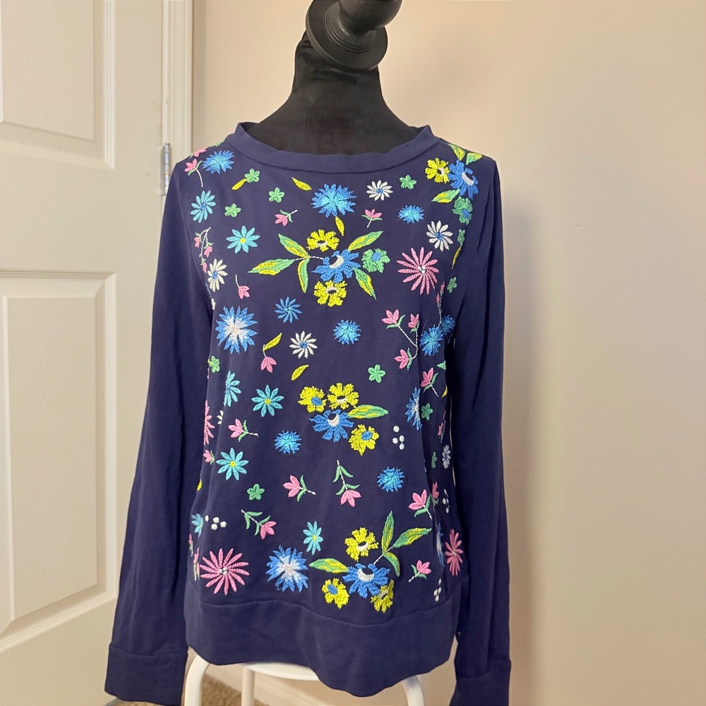 Lilly Pulitzer 100% Cotton Navy Floral Pullover Sweatshirt Embroidered SZ S